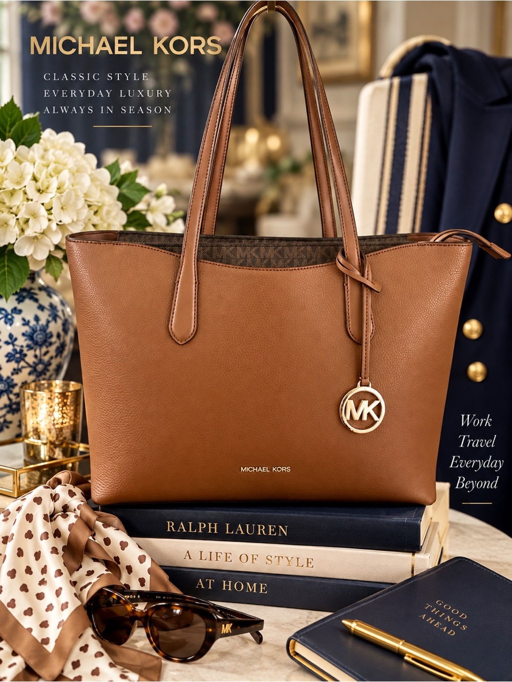 Michael Kors Arden LARGE Brown Pebbled Leather Tote with MK Charm